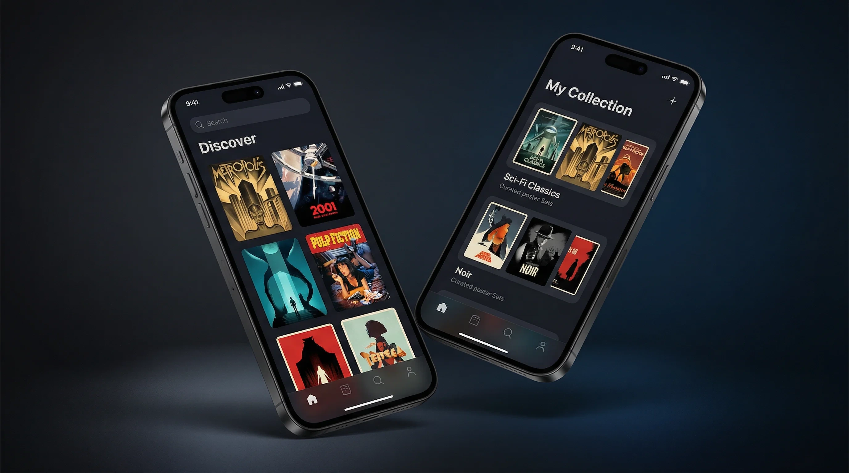 喷水移动端APP界面展示海报浏览和收藏功能